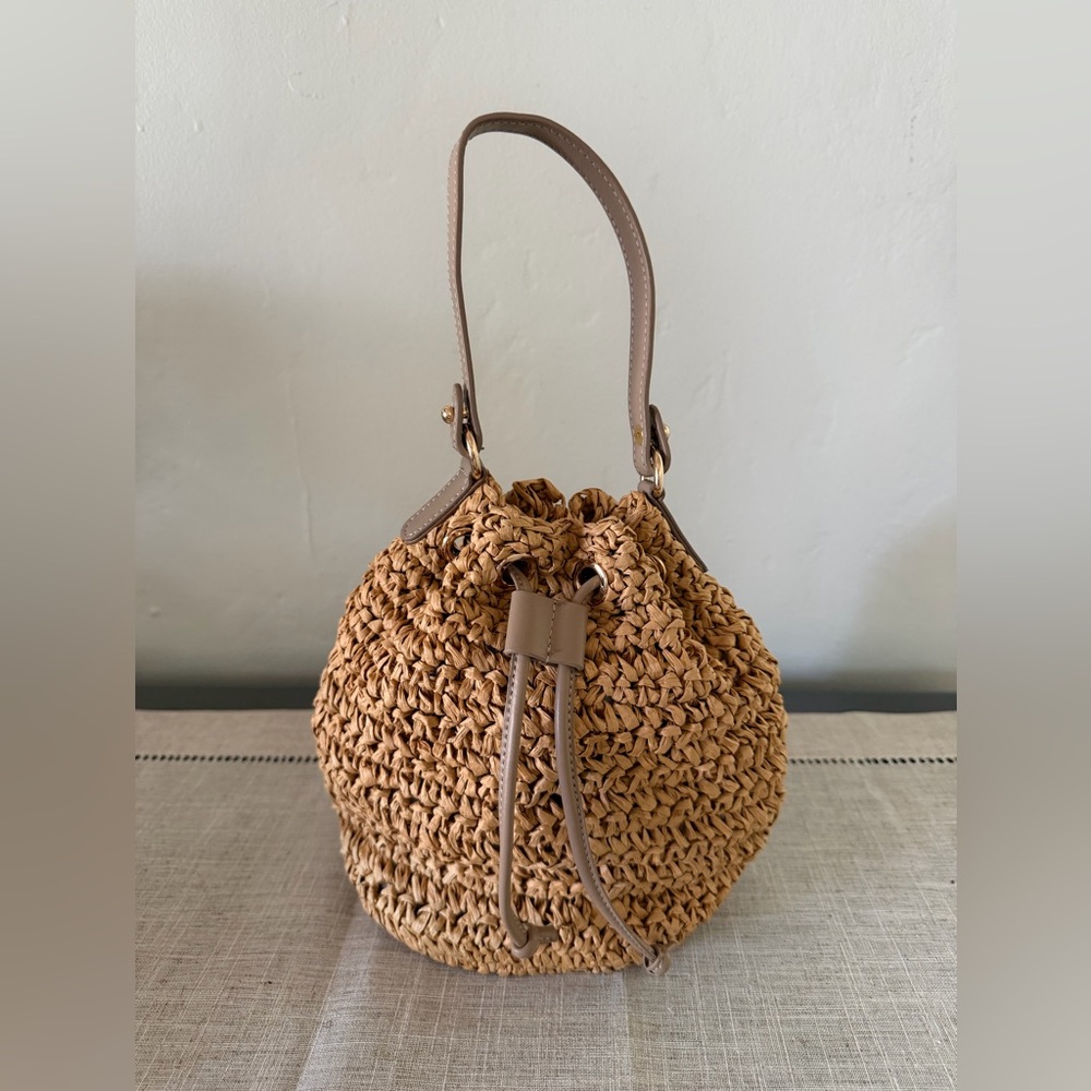 Woven Straw Bucket Bag with Tan Leather Trim
